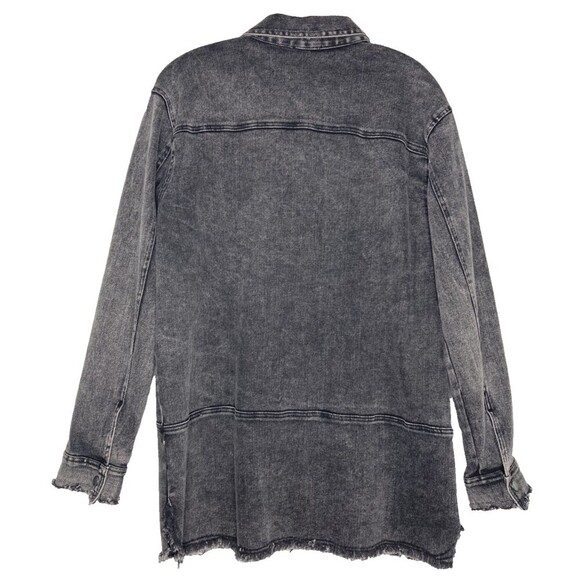 UMGEE Black Denim Jacket Women Large Long Line Raw Hem Button Front Collared - Picture 5 of 5